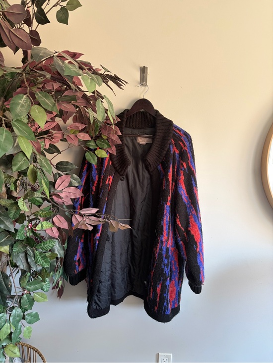 Vintage Jackets & Blazers - Vintage Black Teddy Jacket with Red & Blue Abstract Knit